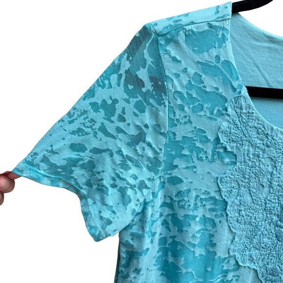 Coldwater Creek Womens Aqua Textured Burnout Sheer Overlay Short Sleeve Blouse L - Picture 7 of 11